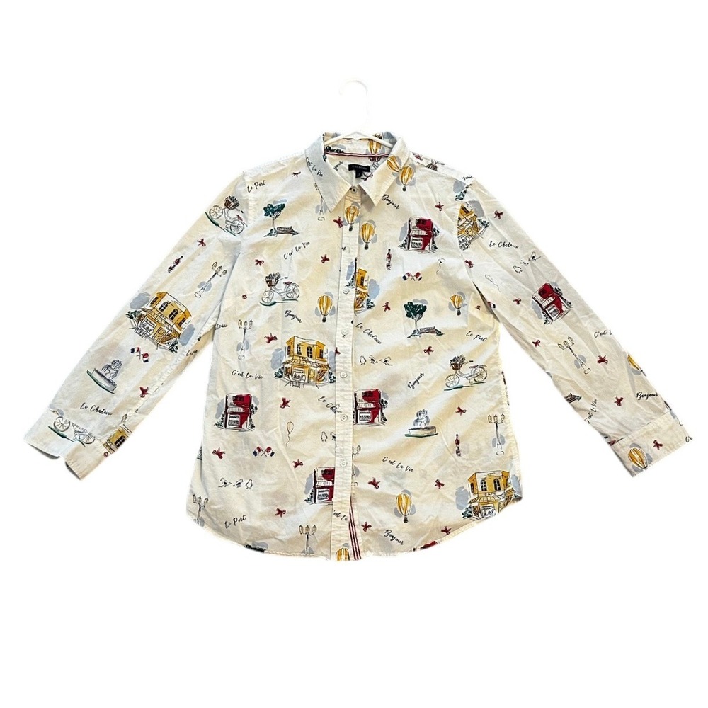 Talbots Ivory Paris Novelty Print Cotton Button Down Shirt Women's Large - Picture 2 of 6